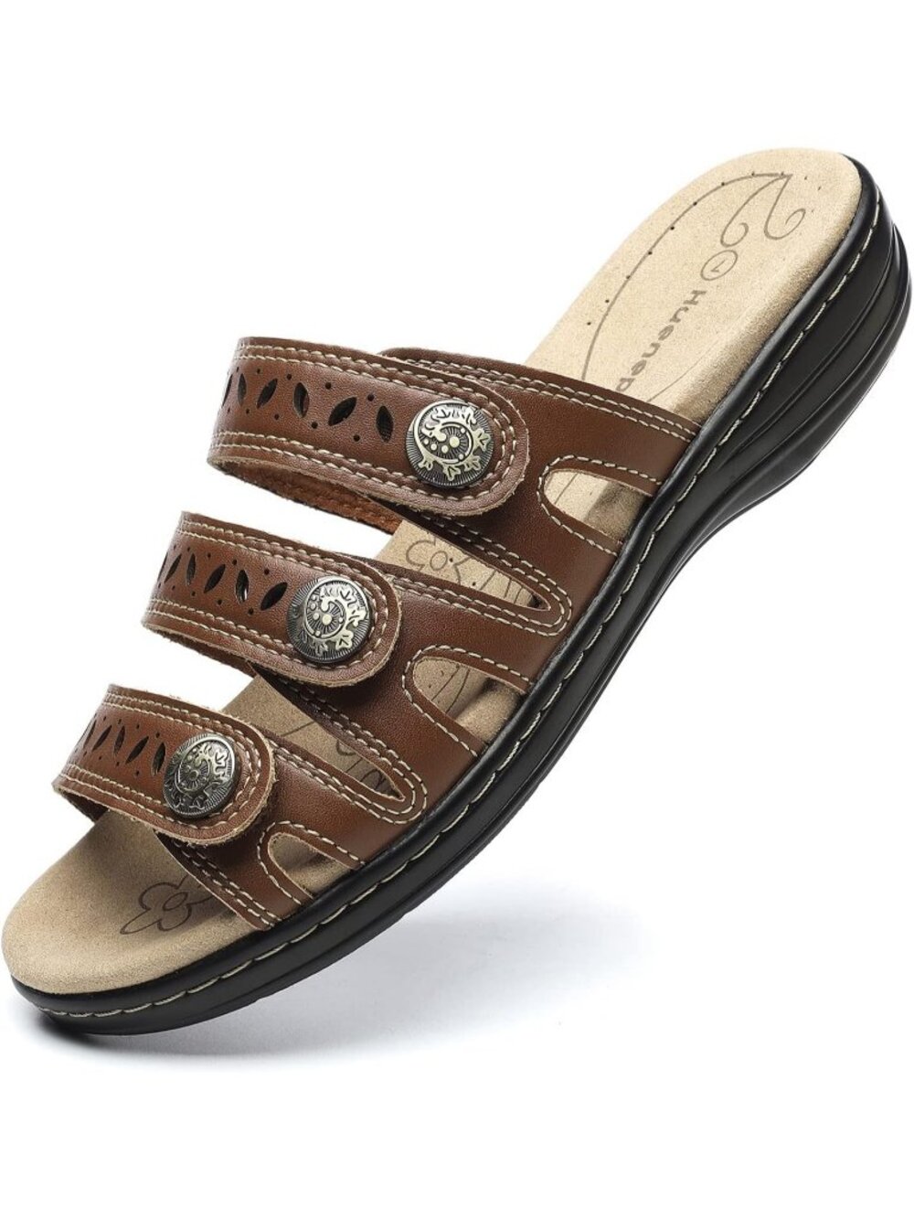 Women's Comfort Leather Slides Flat Coffee Slip On Casual Walking Slippers